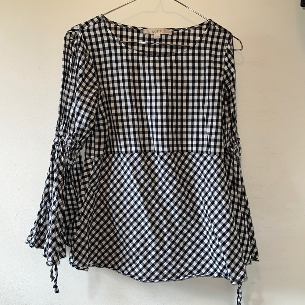 Loft Women’s XXSP LS Black and White Gingham Top